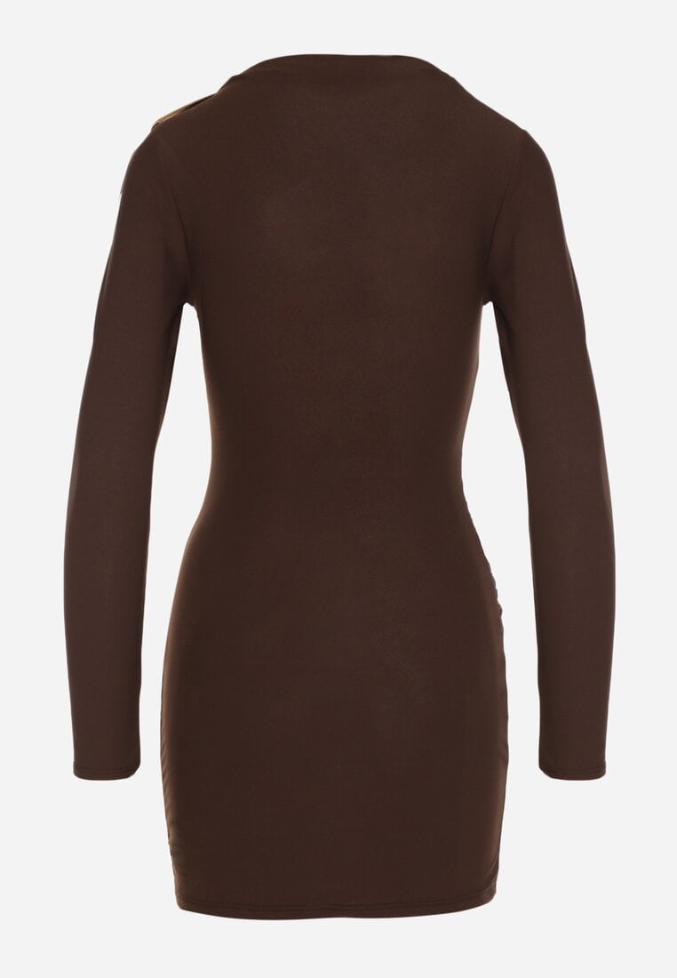 Brązowa Dopasowana Sukienka Ozdobiona Metalicznymi Aplikacjami Vetimala