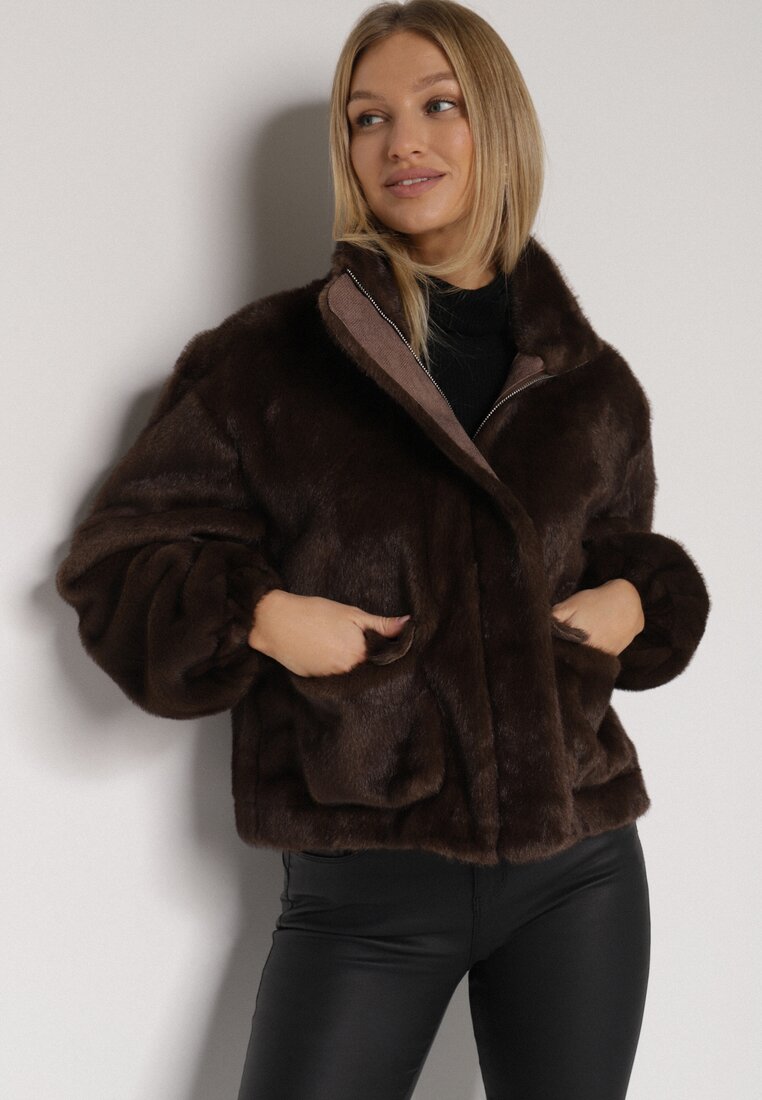 Brązowa Futrzana Kurtka Ozdobiona Kieszeniami Vetilina