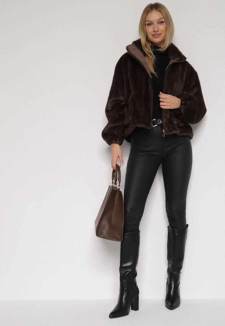Brązowa Futrzana Kurtka Ozdobiona Kieszeniami Vetilina