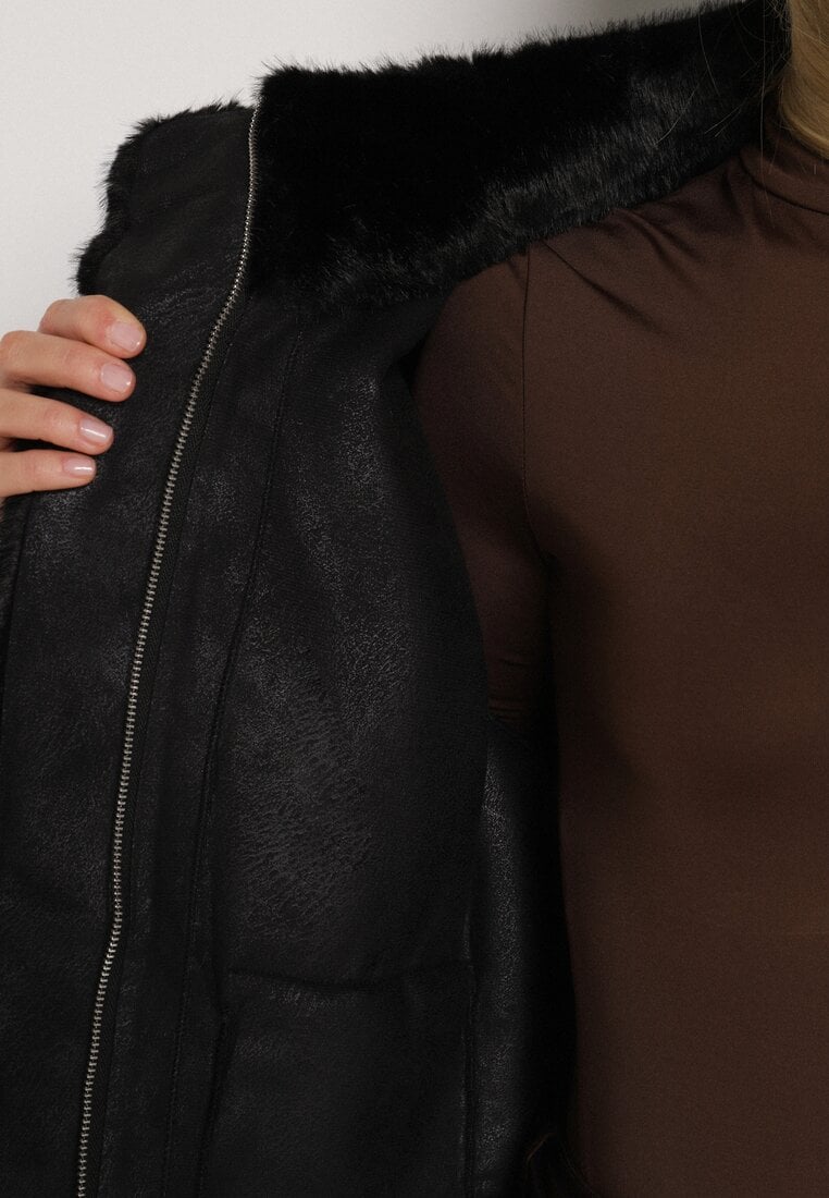 Czarna Futrzana Kurtka Ozdobiona Kieszeniami Vetilina