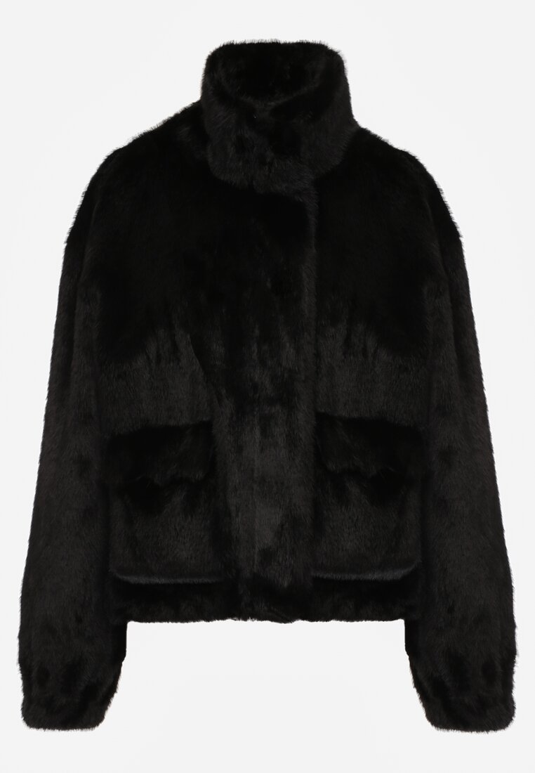 Czarna Futrzana Kurtka Ozdobiona Kieszeniami Vetilina