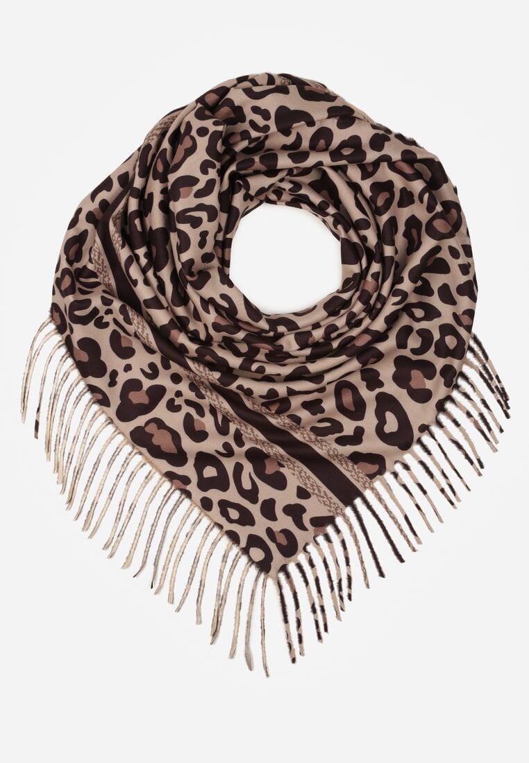Brązowy Panterkowy Szalik z Wiskozy Zdobiony Frędzlami Ferenea