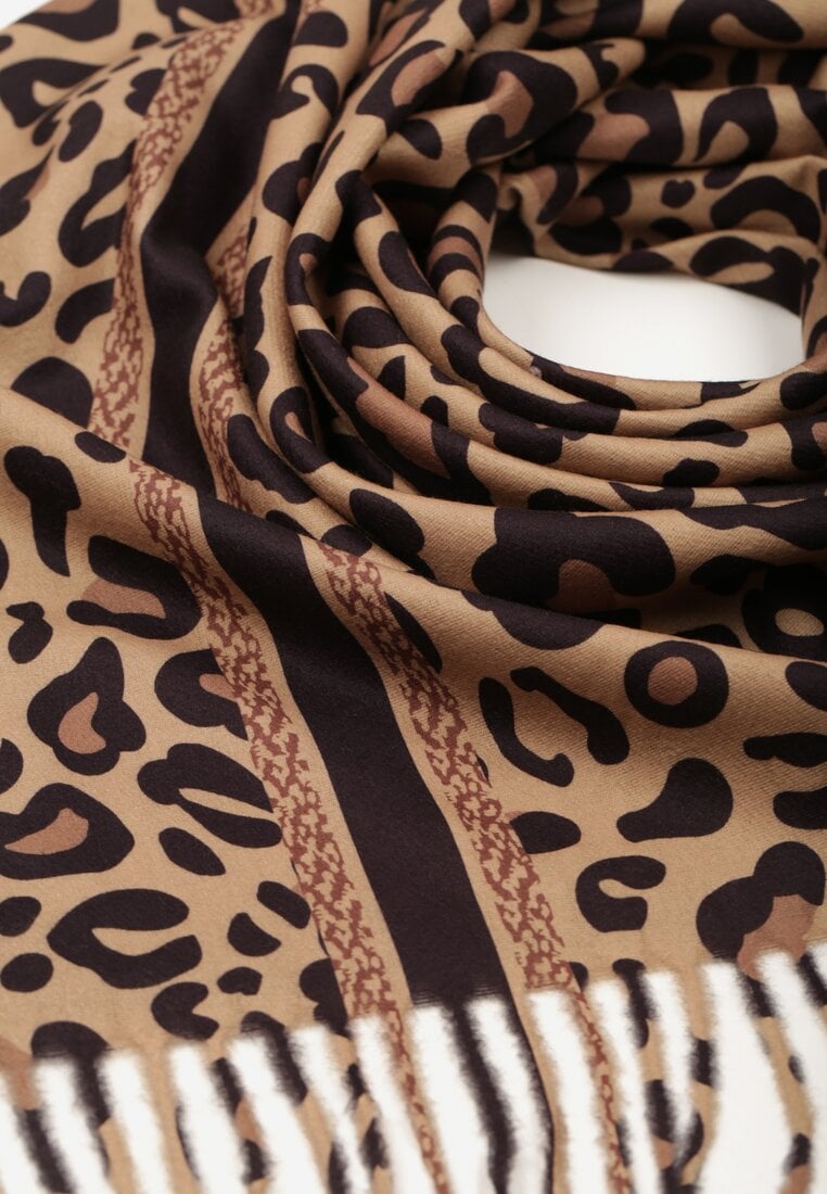 Ciemnobrązowy Panterkowy Szalik z Wiskozy Zdobiony Frędzlami Ferenea