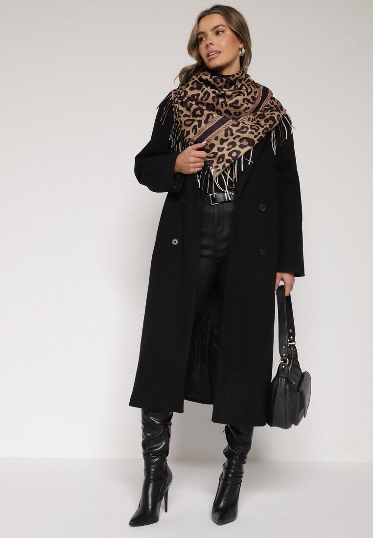 Ciemnobrązowy Panterkowy Szalik z Wiskozy Zdobiony Frędzlami Ferenea