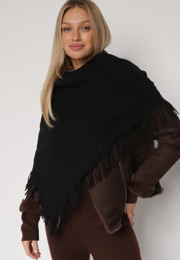 Czarny Trójkątny Szalik z Wiskozy i Bawełny z Frędzlami Vetirala