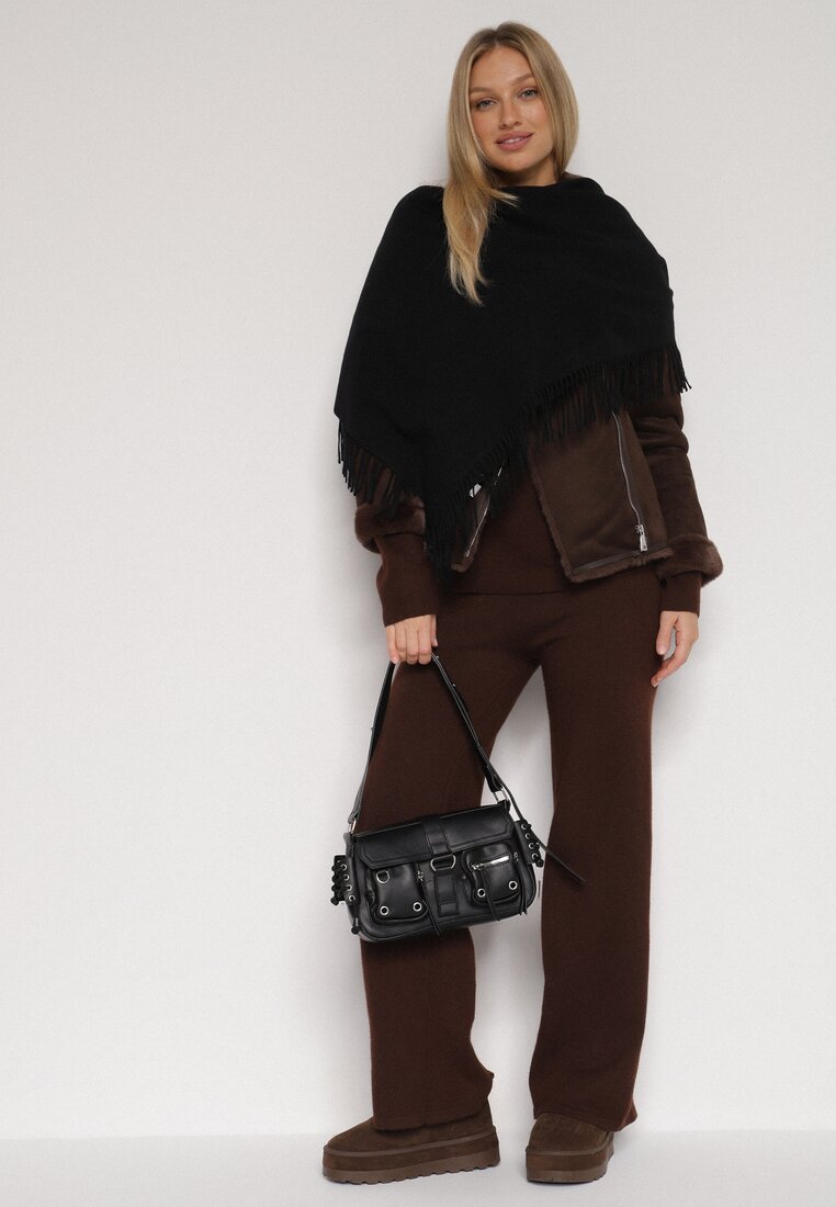 Czarny Trójkątny Szalik z Wiskozy i Bawełny z Frędzlami Vetirala