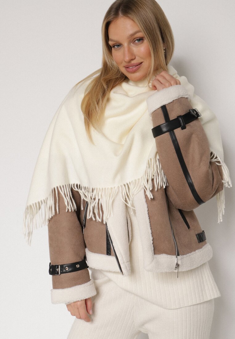 Jasnobeżowy Trójkątny Szalik z Wiskozy i Bawełny z Frędzlami Vetirala