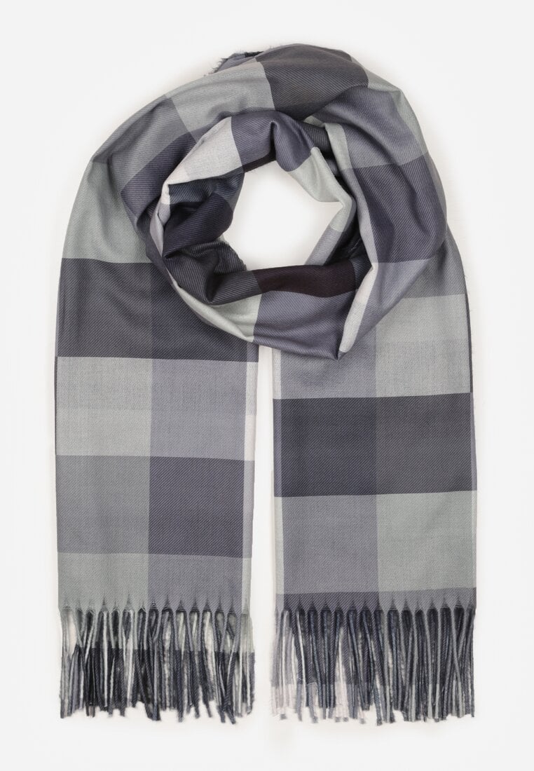 Czarny Szalik z Wiskozy z Frędzlami w Szeroką Kratę Califera