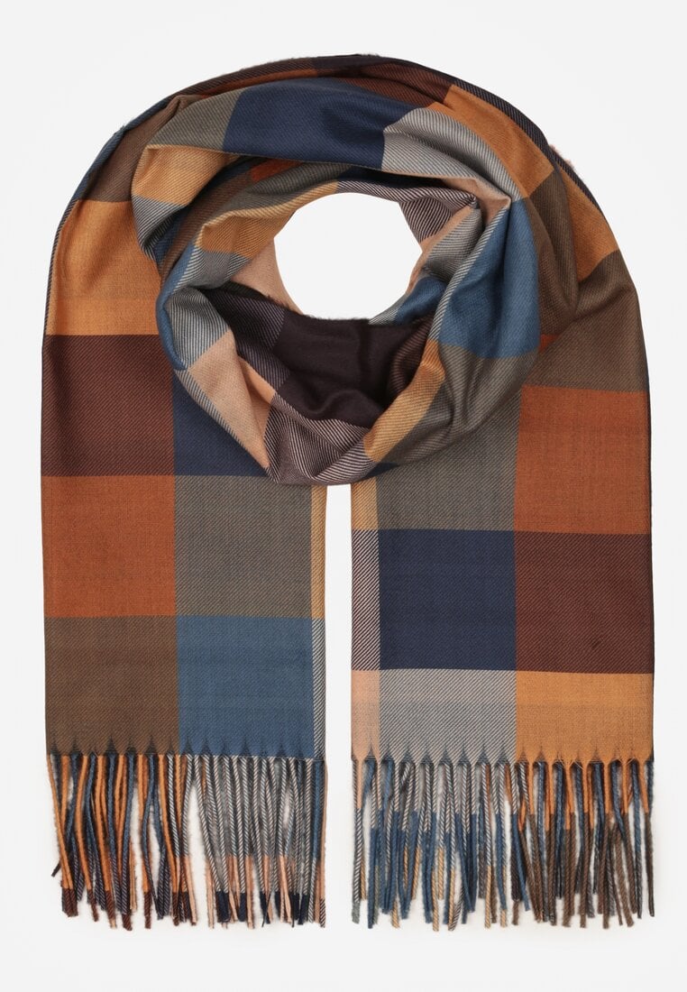 Brązowy Szalik z Wiskozy z Frędzlami w Szeroką Kratę Califera