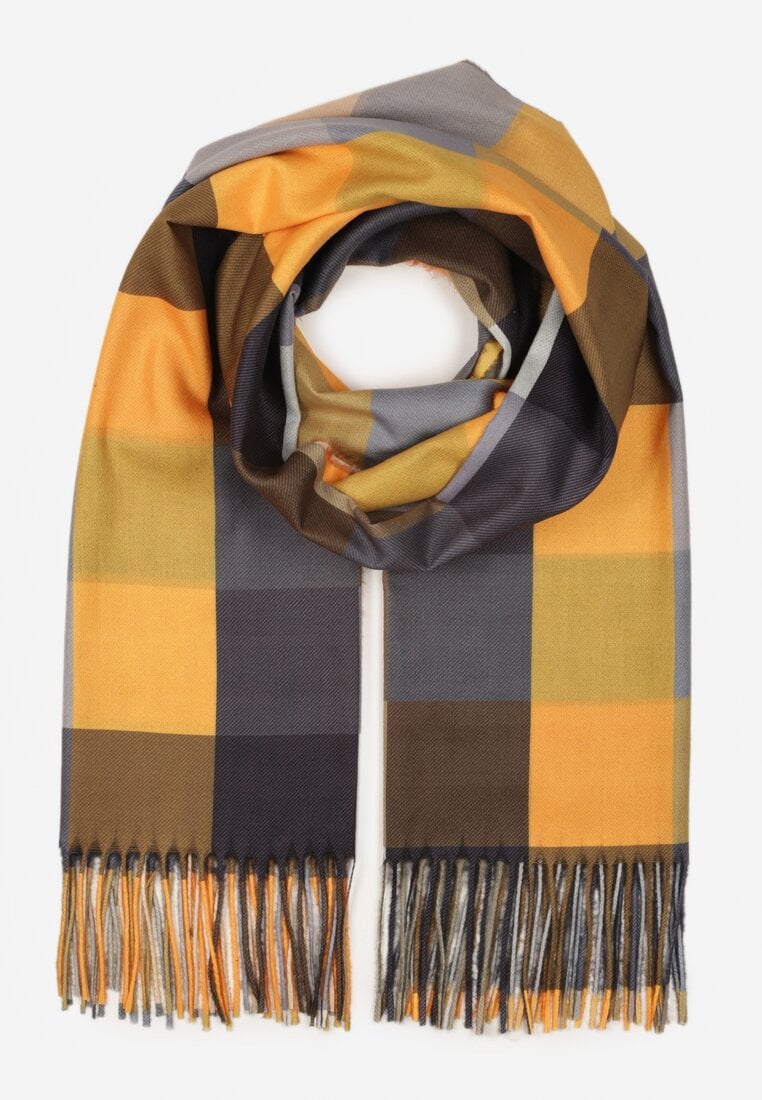 Żółty Szalik z Wiskozy z Frędzlami w Szeroką Kratę Califera