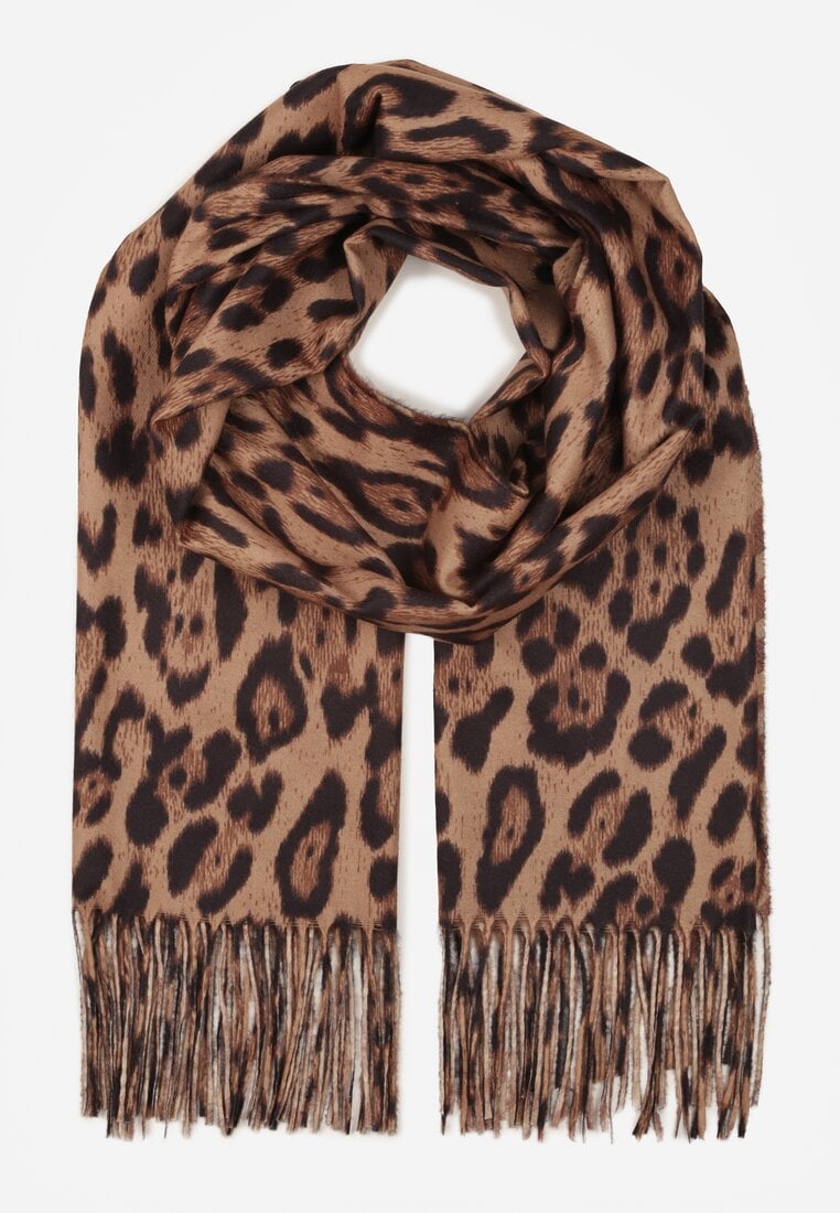 Brązowy Panterkowy Szalik z Wiskozy Zakończony Frędzlami Ferinda