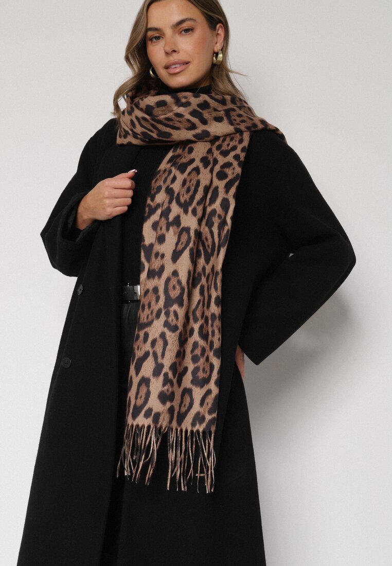Brązowy Panterkowy Szalik z Wiskozy Zakończony Frędzlami Ferinda