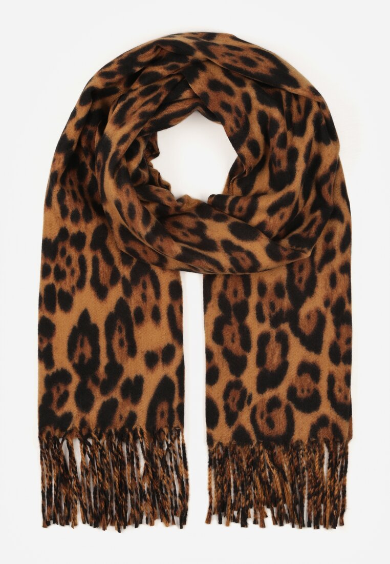 Brązowy Wiskozowy Szalik w Panterkę z Frędzlami Vetivada