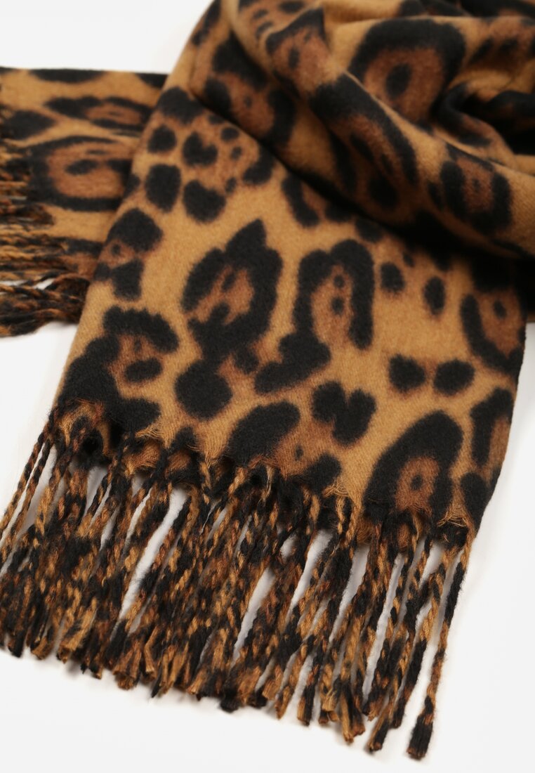 Brązowy Wiskozowy Szalik w Panterkę z Frędzlami Vetivada