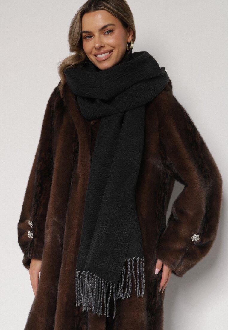 Czarny Klasyczny Szalik z Bawełny i Wiskozy z Frędzlami Vetilisa