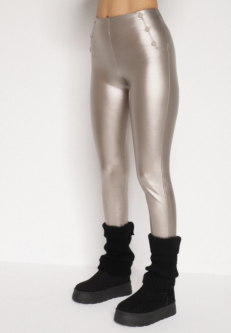 Szampańskie Legginsy z Ekoskóry z Guzikami Wysokim Stanem i Gumką w Talii Sintheria