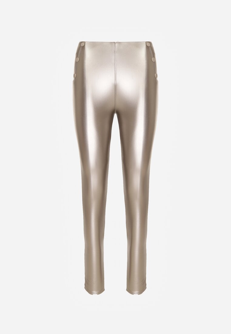 Szampańskie Legginsy z Ekoskóry z Guzikami Wysokim Stanem i Gumką w Talii Sintheria
