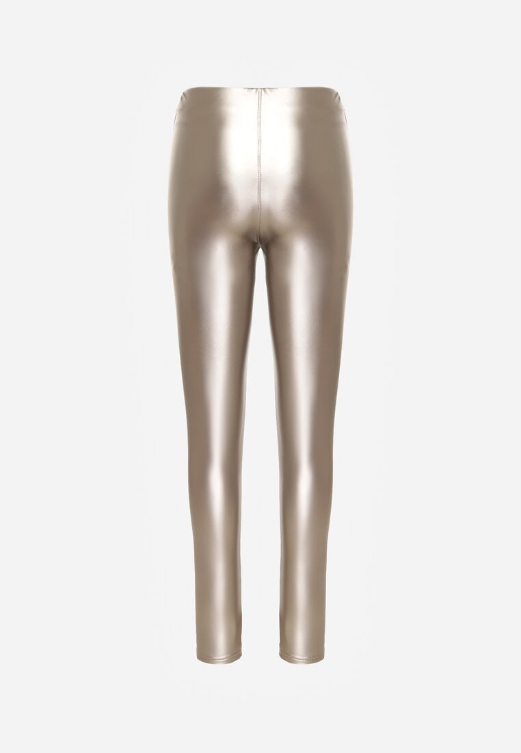 Szampańskie Legginsy z Ekoskóry z Guzikami Wysokim Stanem i Gumką w Talii Sintheria