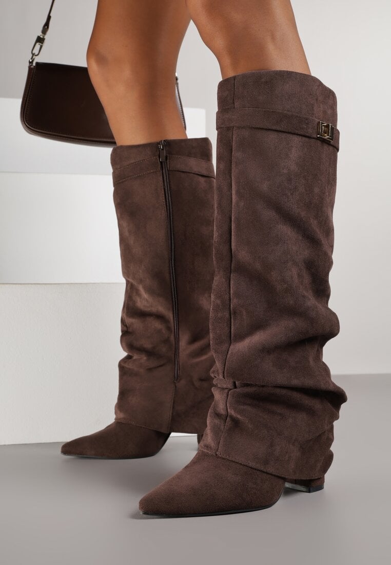 Brązowe Kozaki na Słupku z Marszczoną Cholewką Imitującą Nogawkę Rittia