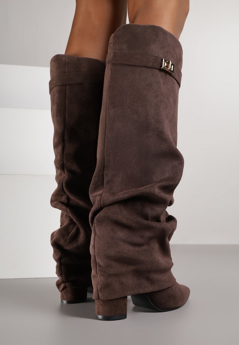 Brązowe Kozaki na Słupku z Marszczoną Cholewką Imitującą Nogawkę Rittia