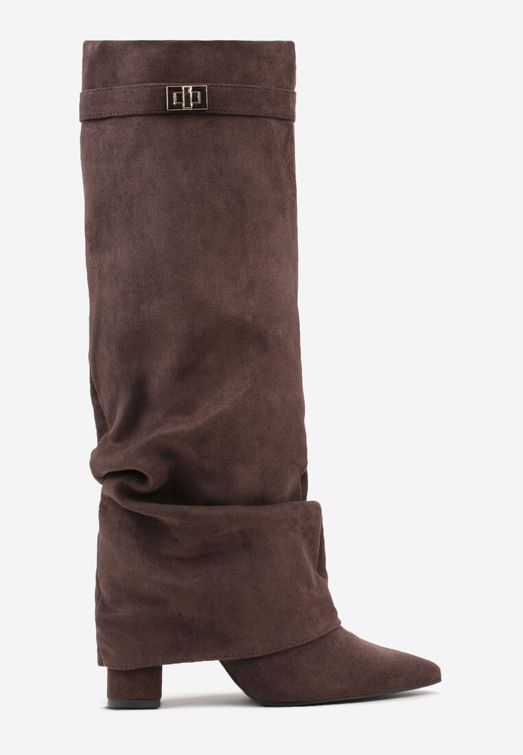 Brązowe Kozaki na Słupku z Marszczoną Cholewką Imitującą Nogawkę Rittia