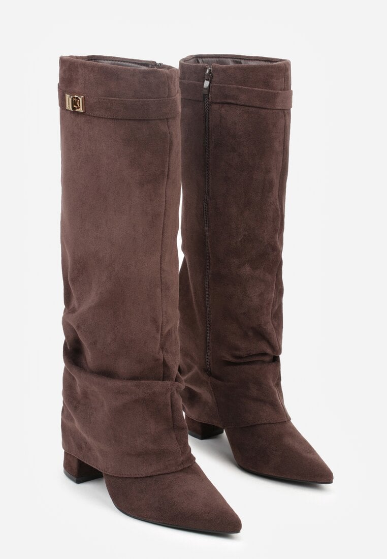 Brązowe Kozaki na Słupku z Marszczoną Cholewką Imitującą Nogawkę Rittia