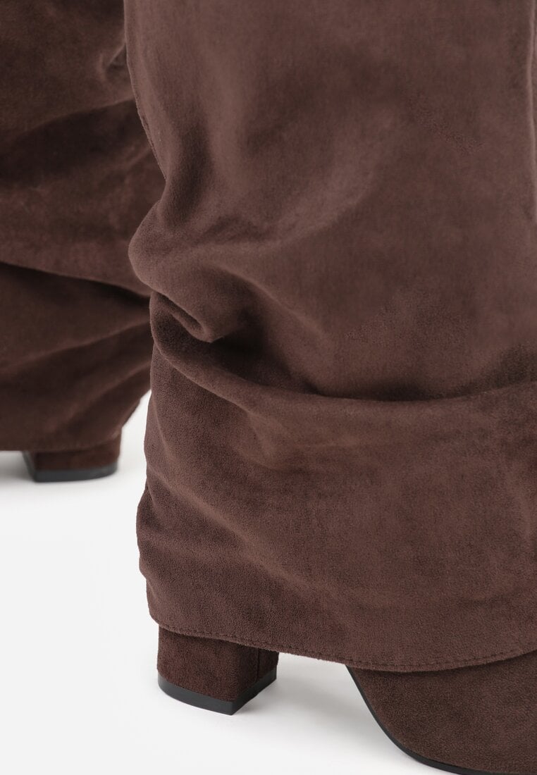 Brązowe Kozaki na Słupku z Marszczoną Cholewką Imitującą Nogawkę Rittia