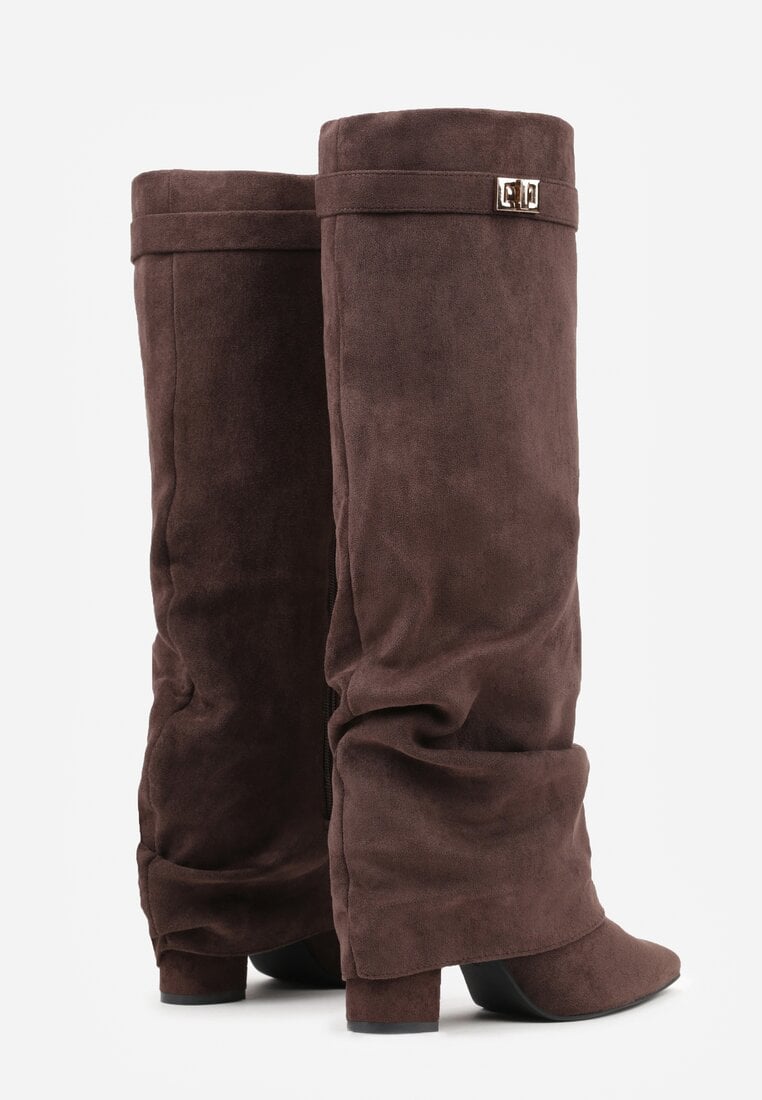 Brązowe Kozaki na Słupku z Marszczoną Cholewką Imitującą Nogawkę Rittia