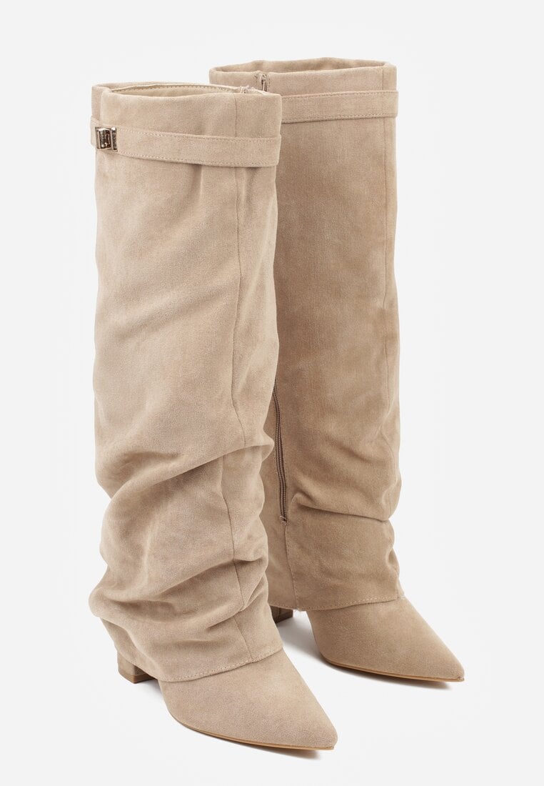 Ciemnobeżowe Kozaki na Słupku z Marszczoną Cholewką Imitującą Nogawkę Rittia