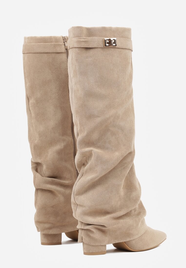 Ciemnobeżowe Kozaki na Słupku z Marszczoną Cholewką Imitującą Nogawkę Rittia