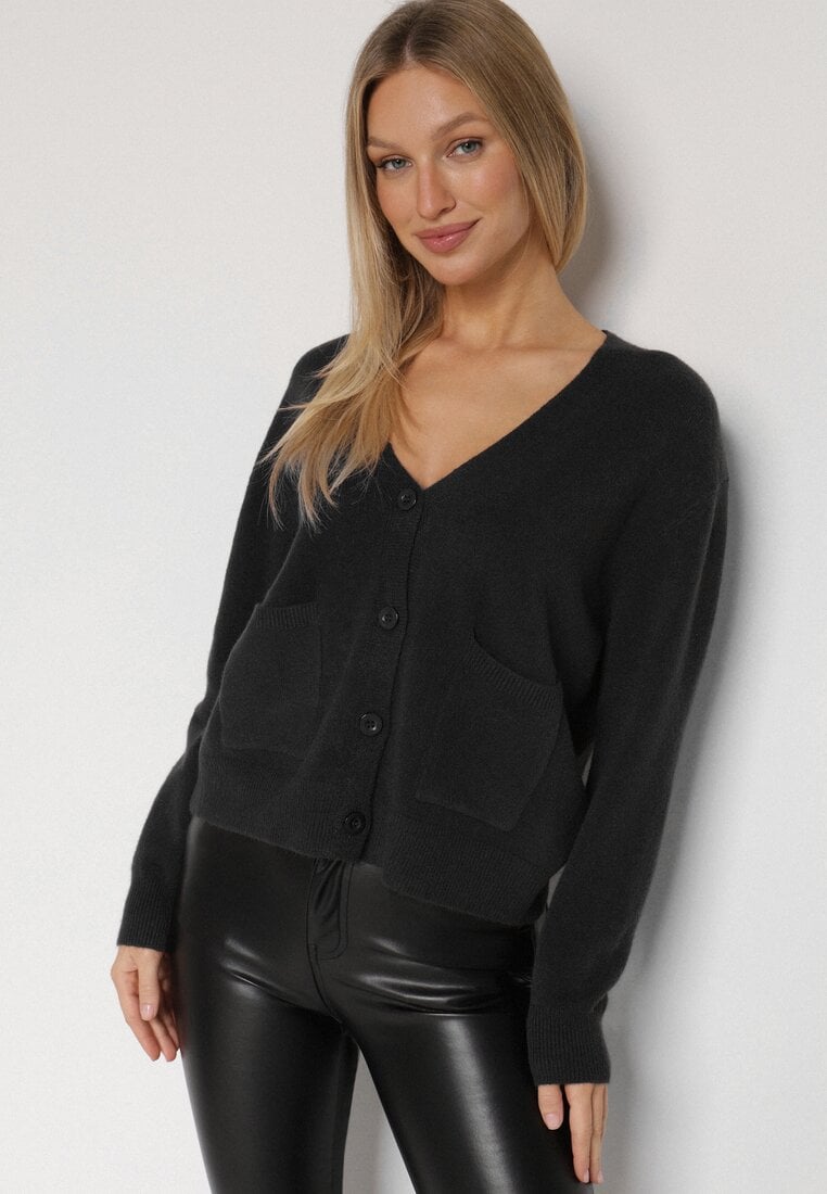 Czarny Rozpinany Kardigan z Dodatkiem Kaszmiru Vetirira