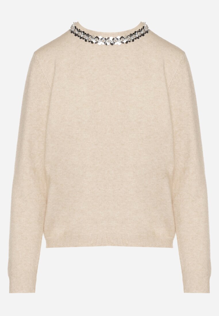 Beżowy Sweter z Dodatkiem Kaszmiru Ozdobiony Cekinami i Cyrkoniami Vetimona