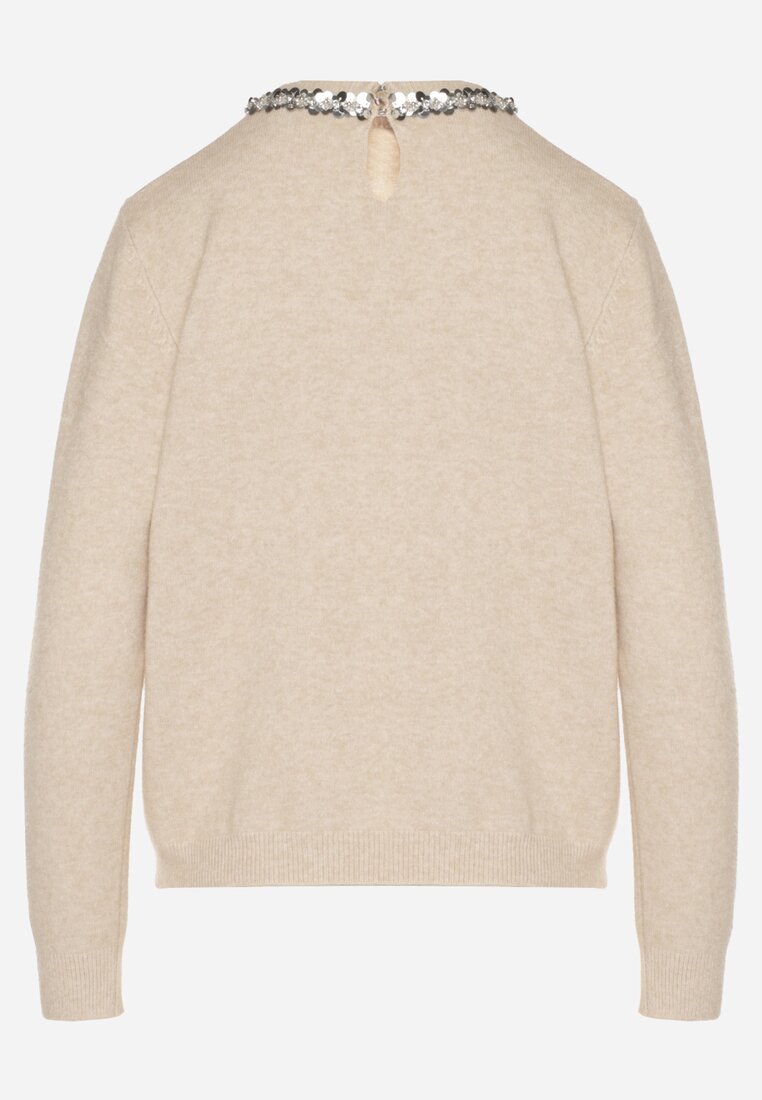 Beżowy Sweter z Dodatkiem Kaszmiru Ozdobiony Cekinami i Cyrkoniami Vetimona