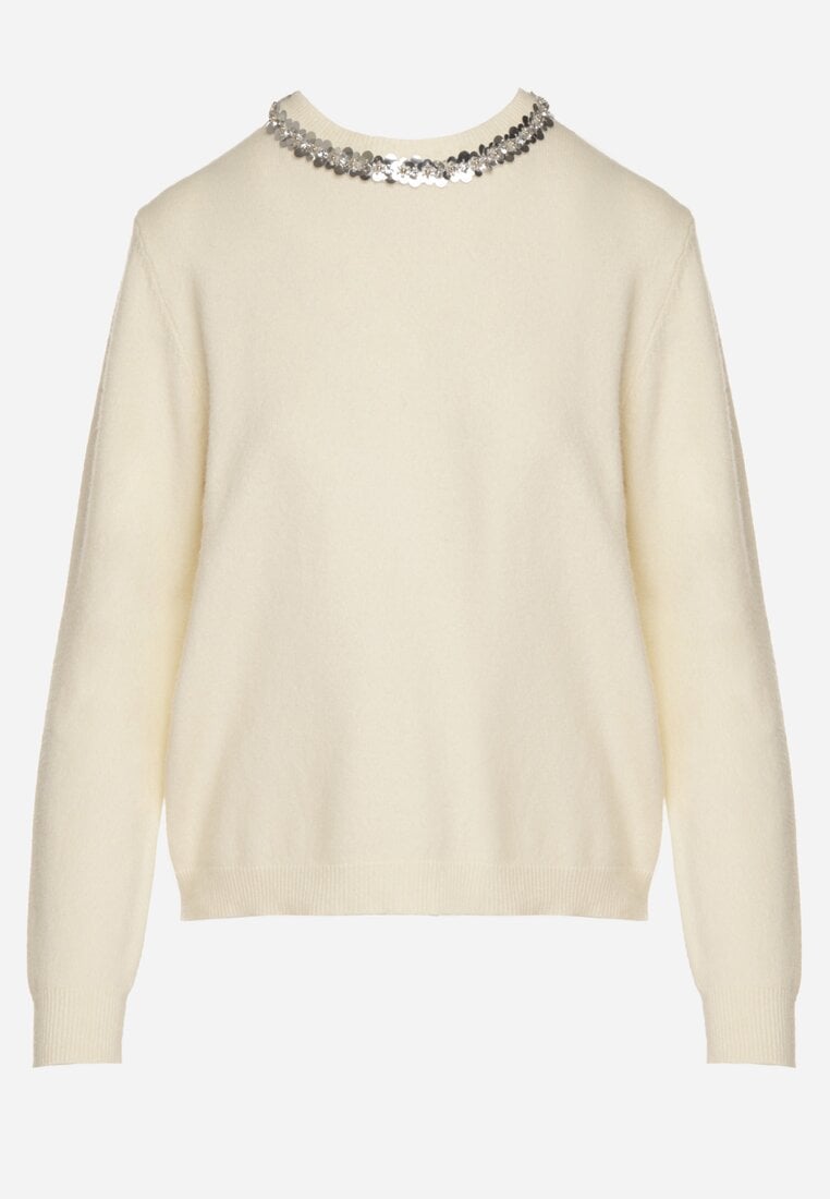 Biały Sweter z Dodatkiem Kaszmiru Ozdobiony Cekinami i Cyrkoniami Vetimona