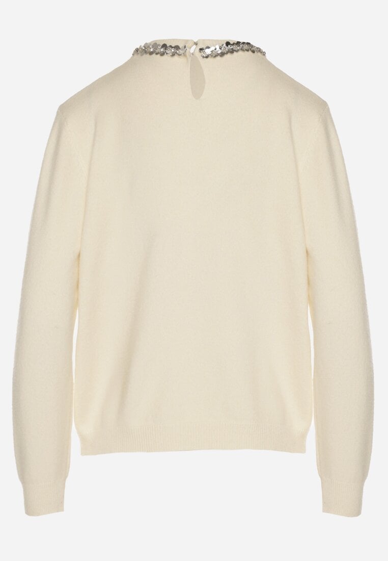Biały Sweter z Dodatkiem Kaszmiru Ozdobiony Cekinami i Cyrkoniami Vetimona