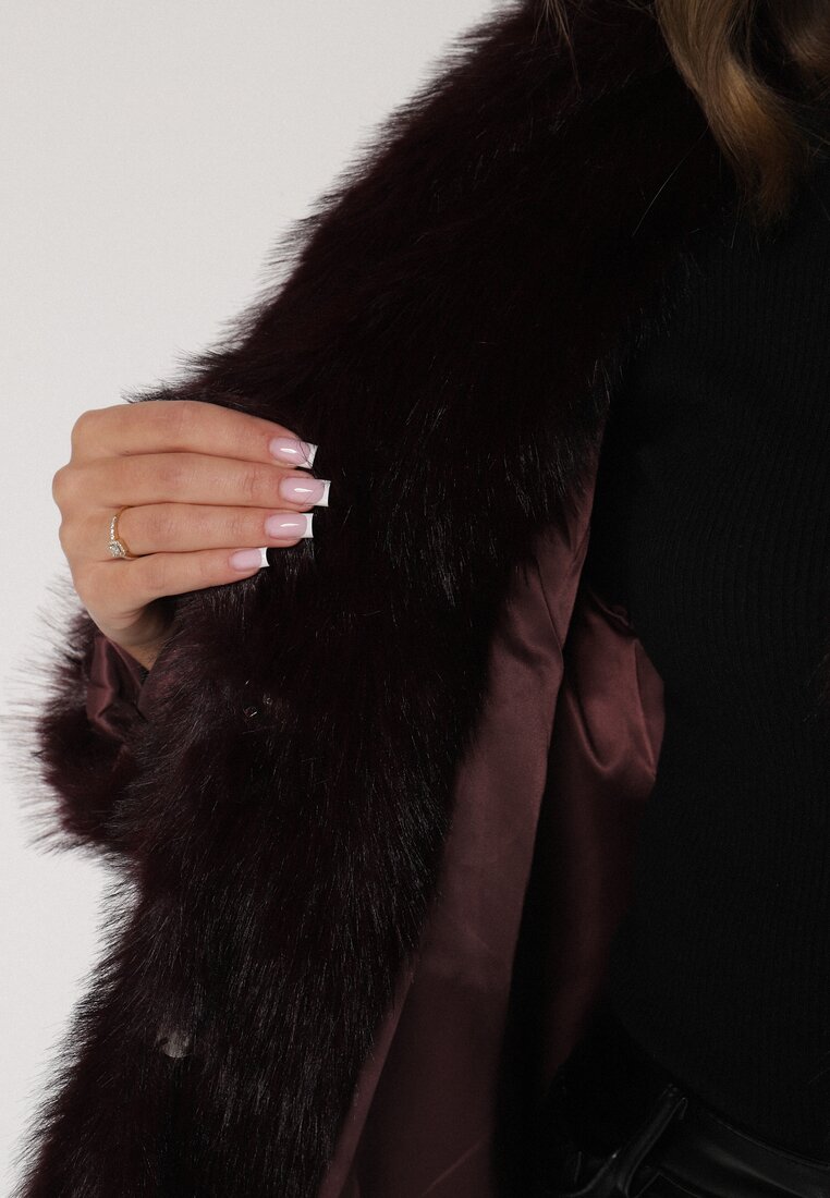 Bordowa Kurtka Futerko z Ozdobnym Kołnierzem Devrenna