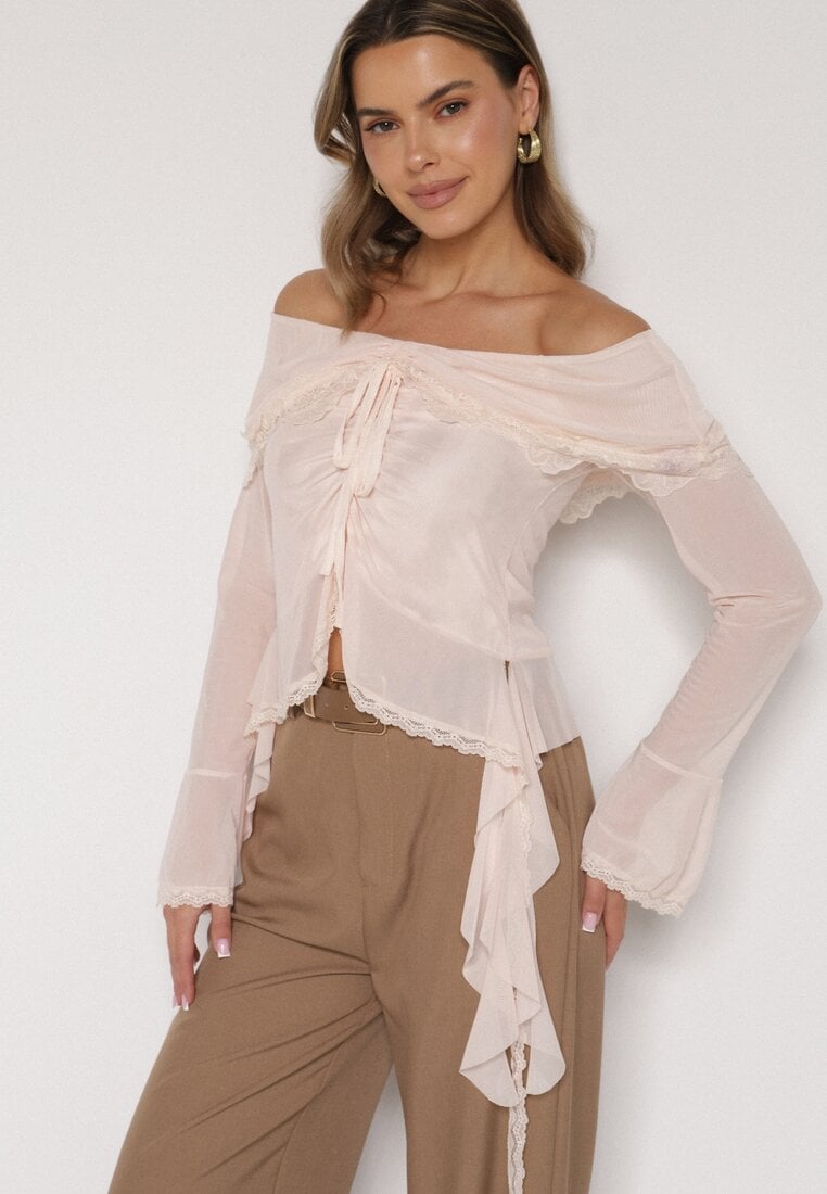 Jasnobeżowa Siateczkowa Bluzka z Bawełny i Wiskozy z Odkrytymi Ramionami Fenikka