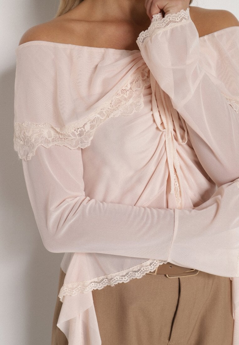 Jasnobeżowa Siateczkowa Bluzka z Bawełny i Wiskozy z Odkrytymi Ramionami Fenikka