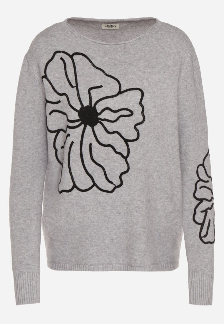 Szary Sweter Ozdobiony Haftowanymi Kwiatami Halatusea