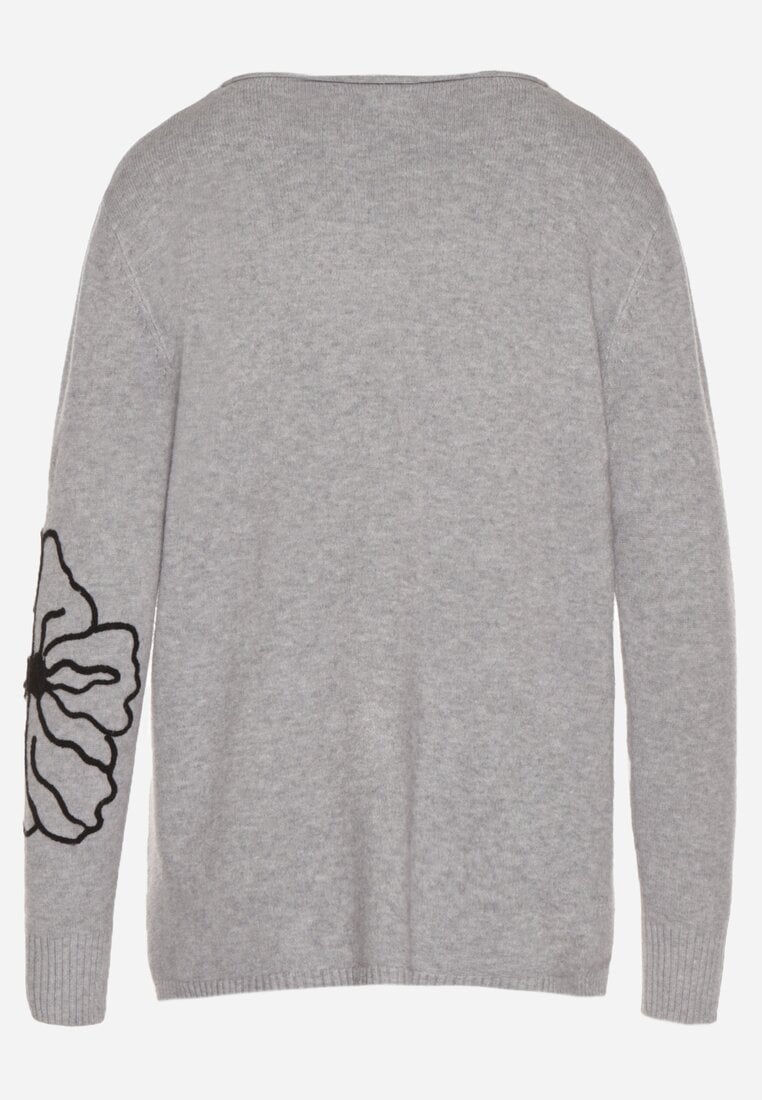 Szary Sweter Ozdobiony Haftowanymi Kwiatami Halatusea