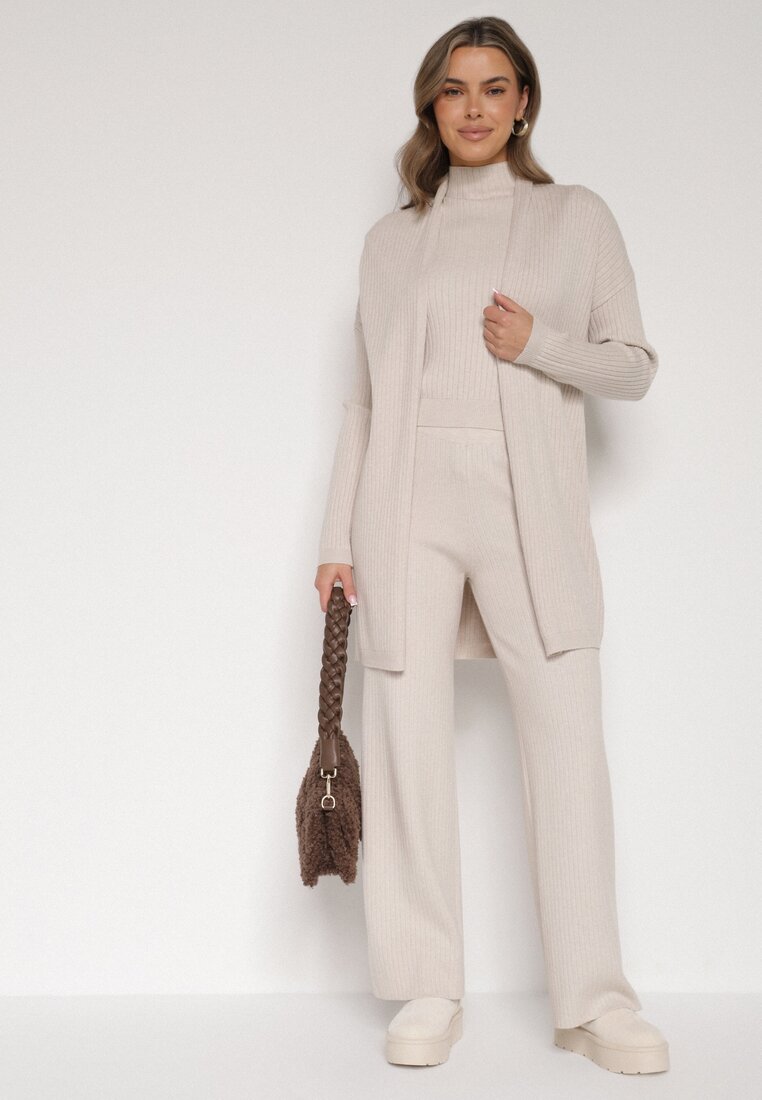 Beżowy Dzianinowy Komplet z Wiskozą Spodnie Bluzka z Półgolfem i Kardigan Vetisena