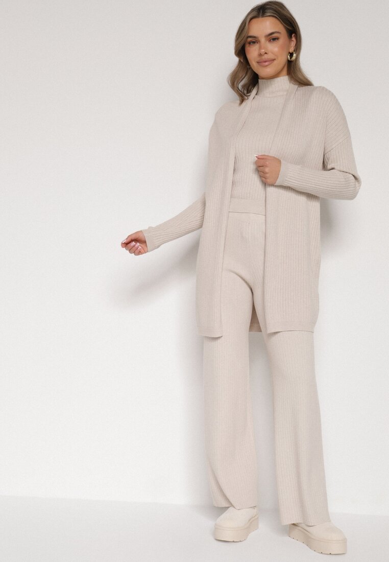 Beżowy Dzianinowy Komplet z Wiskozą Spodnie Bluzka z Półgolfem i Kardigan Vetisena