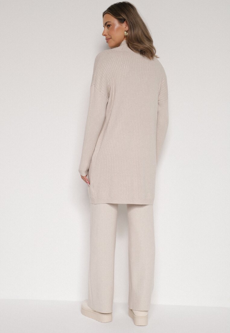 Beżowy Dzianinowy Komplet z Wiskozą Spodnie Bluzka z Półgolfem i Kardigan Vetisena