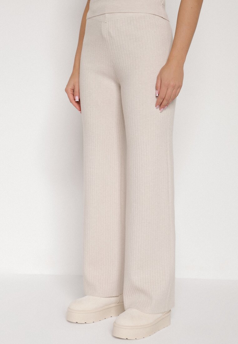 Beżowy Dzianinowy Komplet z Wiskozą Spodnie Bluzka z Półgolfem i Kardigan Vetisena