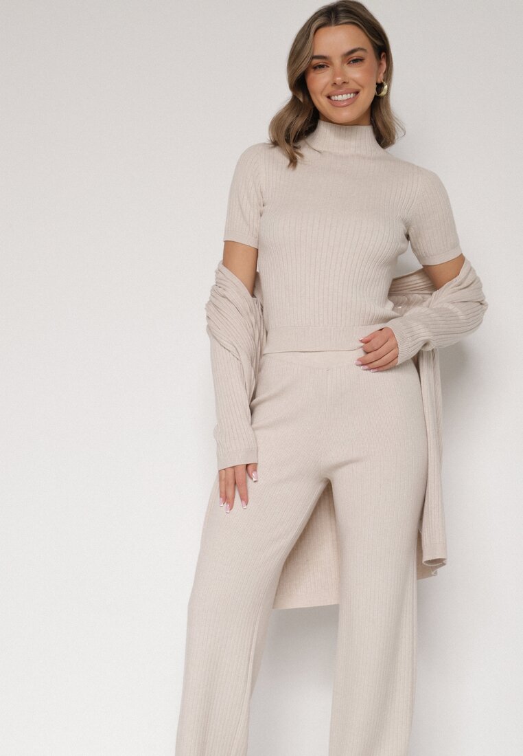 Beżowy Dzianinowy Komplet z Wiskozą Spodnie Bluzka z Półgolfem i Kardigan Vetisena