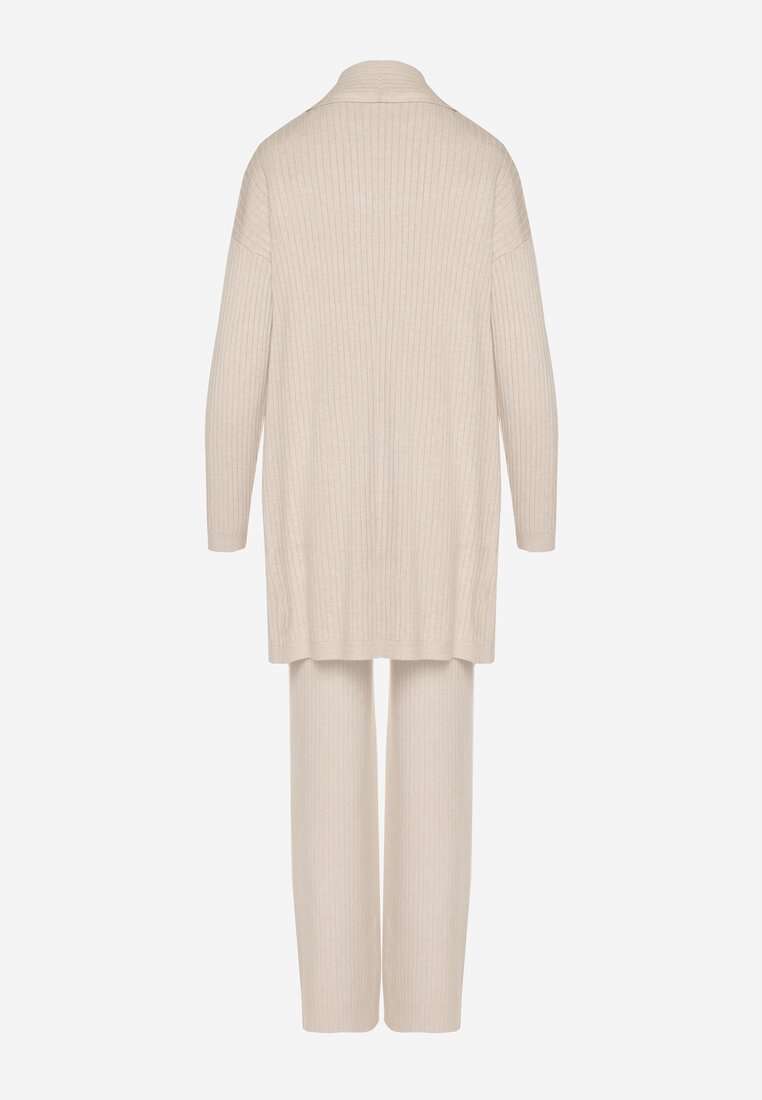 Beżowy Dzianinowy Komplet z Wiskozą Spodnie Bluzka z Półgolfem i Kardigan Vetisena
