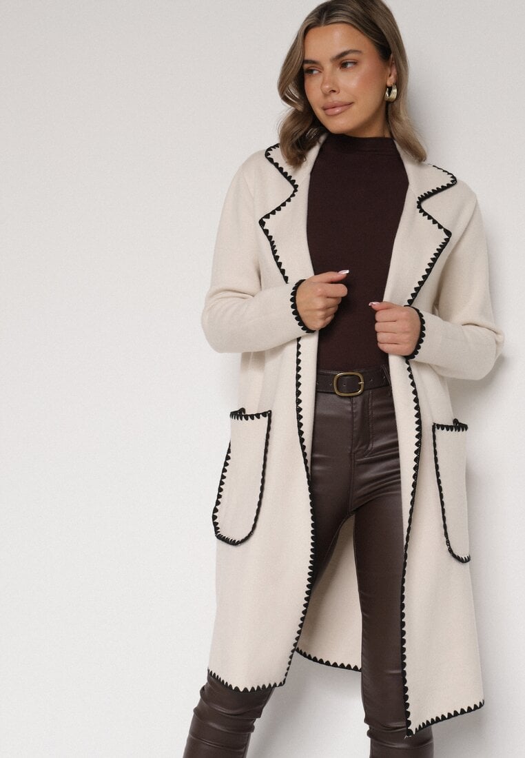 Beżowy Kardigan Ozdobiony Lamówką Tusbena