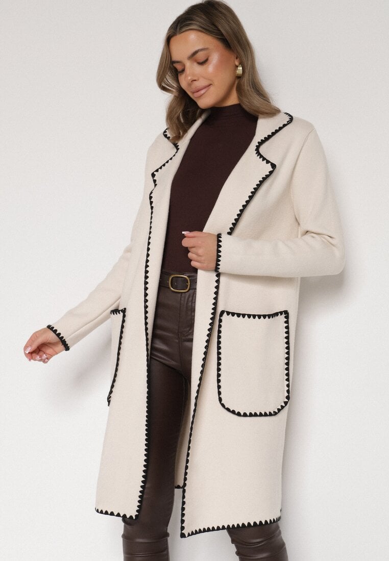 Beżowy Kardigan Ozdobiony Lamówką Tusbena