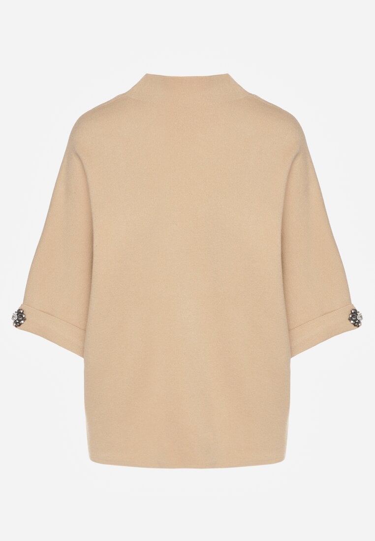 Beżowy Sweter Ozdobiony na Rękawach Cyrkoniami Aletusa