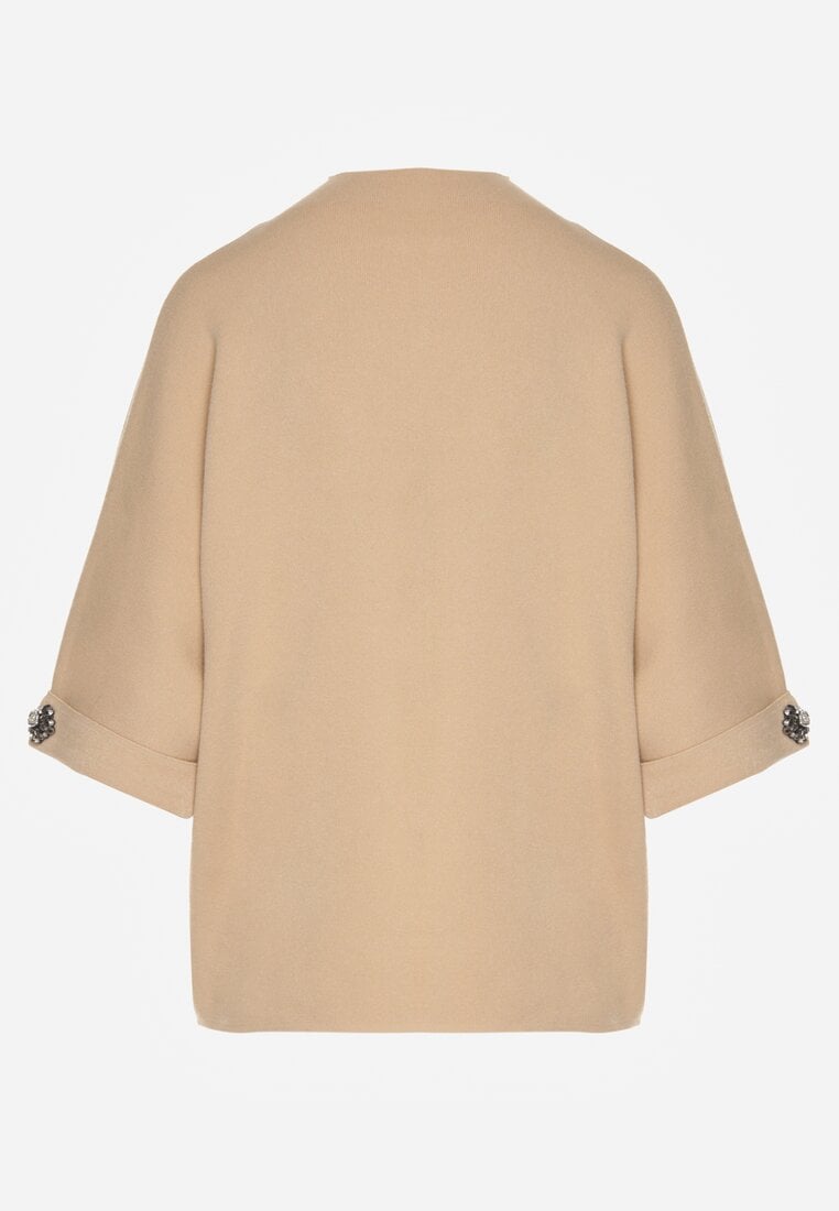 Beżowy Sweter Ozdobiony na Rękawach Cyrkoniami Aletusa